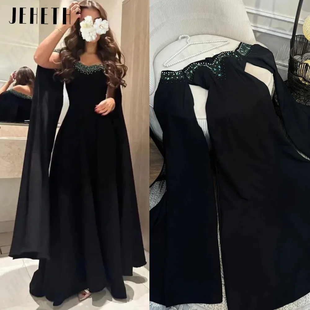 JEHETH Beaded Black Prom Dresses Satin With Jacket Sweetheart A-Line Floor-Length Saudi Arabia Elegant Party Dresses 2024