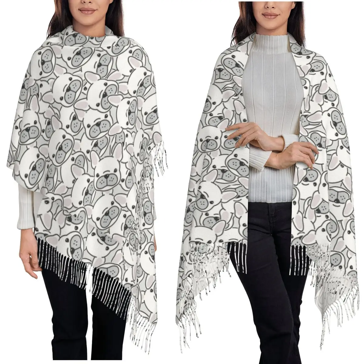 

Пакет французского бульдога, шарф с кисточками, шарфы для женщин, мягкие теплые шали и накидки, большая осенне-зимняя шаль