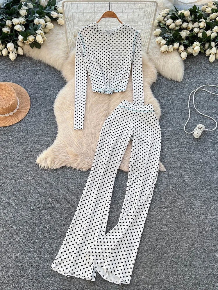 

Foamlina Осенняя мода с принтом в горошек, комплект из 2 предметов, женская повседневная укороченная толстовка с длинными рукавами и длинные брюки-клеш, шикарный наряд