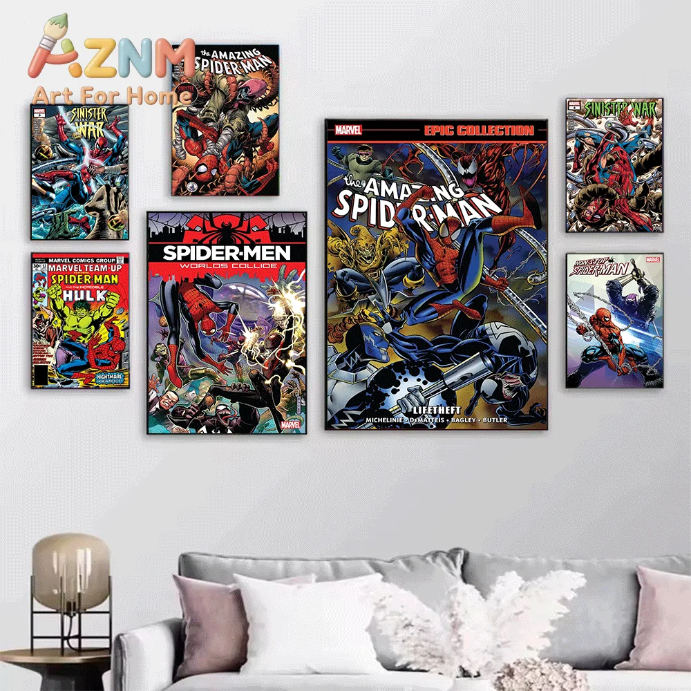 The Amazing Spider‑Man Comic Canvas Print, Vintage Superhero Graphic Art Poster, Frameless Canvas Wall Picture for Man Cave Ga
