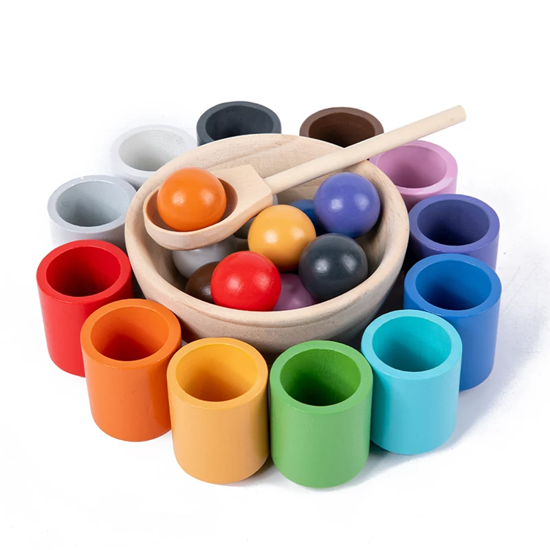 Wooden Spoon Cup Montessori Toy For Children Rainbow Sorter Fine Motor Skill Sensory Balance Games Early Education Toys