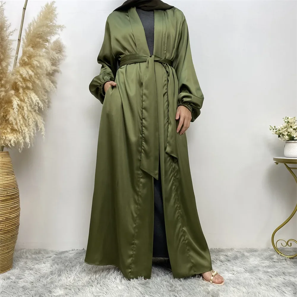 Abaya ouvert modeste turquie caftan Robe en Satin vêtements islamiques Ramadan Eid Kimono musulman Cardigan Robe arabe ceinturée Abayas Kebaya
