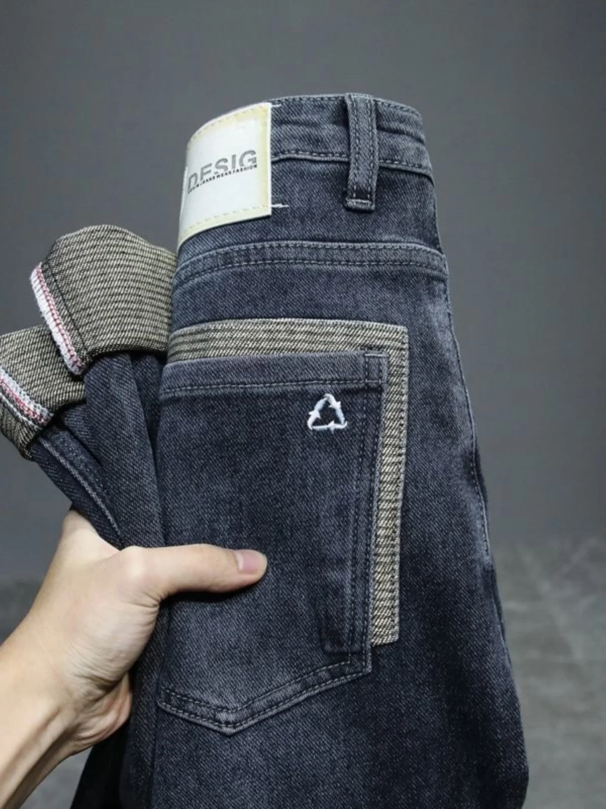 

High Waist Slim Fit Men's Jeans Trendy Black Grey Elastic Cuffed Long Trousers Youthful Style Wear Resistant Autumn Fashion