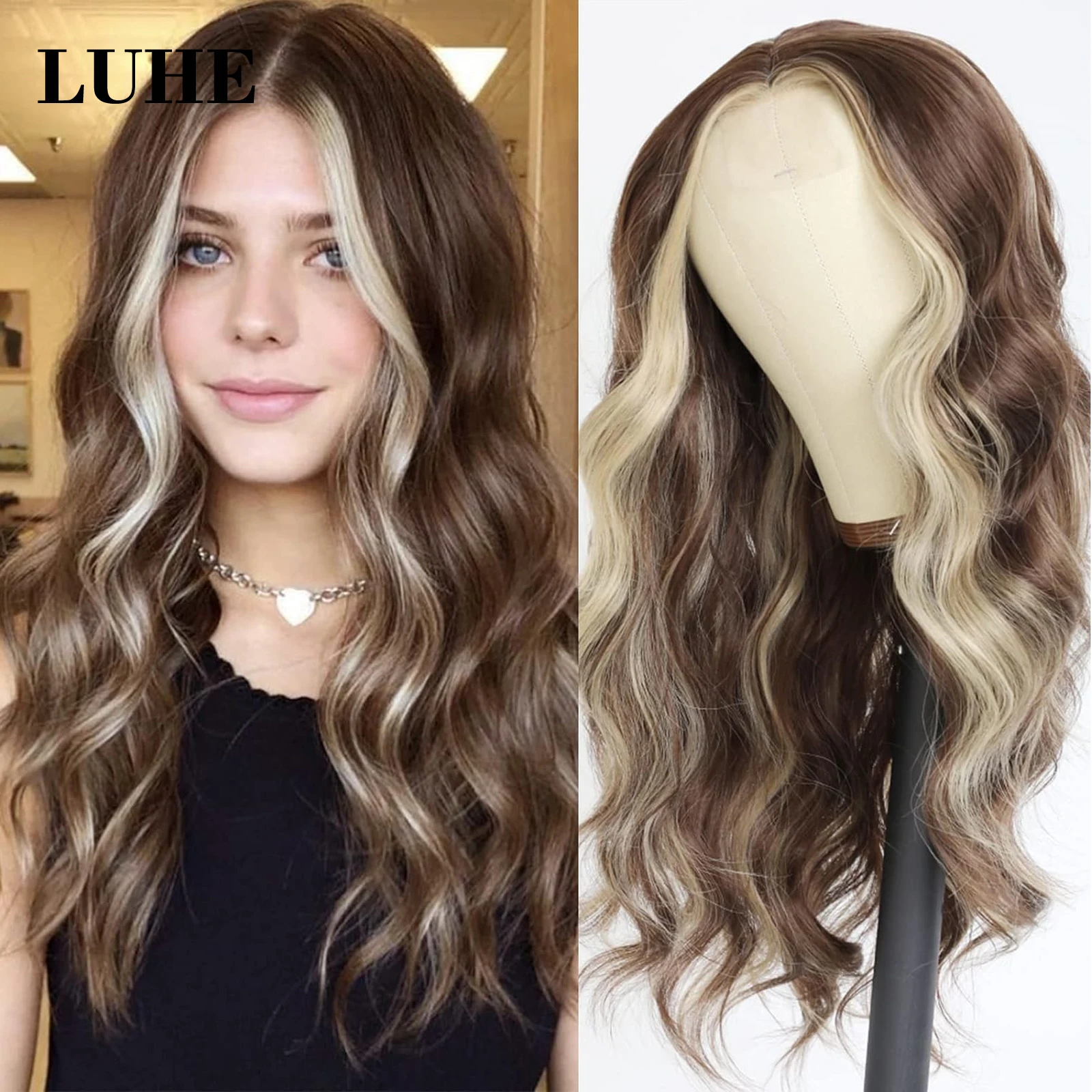 Brown with Blonde Stripe 13x3 Synthetic Hair Lace Front Wigs for Black Women 26Inch Long Natural Wave Lace Frontal Wig Daily Use