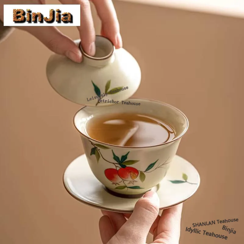 120ml Cream Ru Kiln Respectful Gaiwan Vintage Hand-painted Pomegranate Tea Tureen Tea Brewing Cover Bowl Tea Ceremony Collection