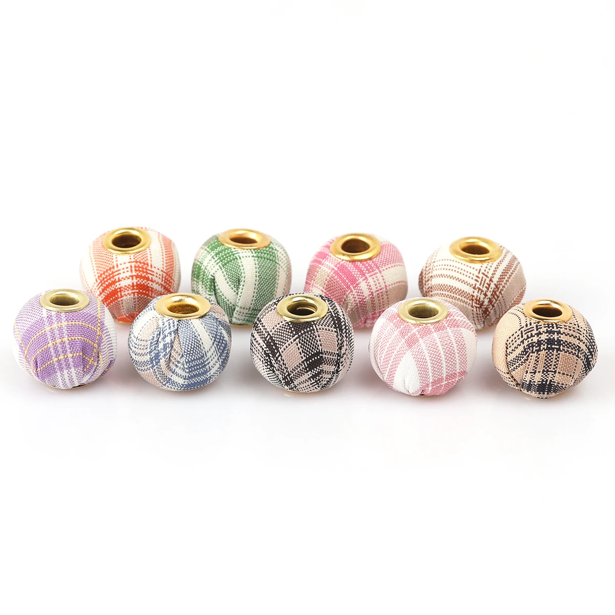 14pcs Random Color Polyester Round Plaid Cloth Wrapped Large Hole Beads, Size 1.5cm DIY Making Accessories Necklace Bracelet