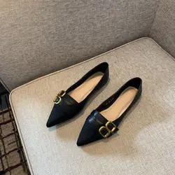 Normal Leather Casual Women's Summer Footwear Office Pointed Toe Formal Flat Low Heel Elegant Flats Shoes for Woman 2024 E 39 A