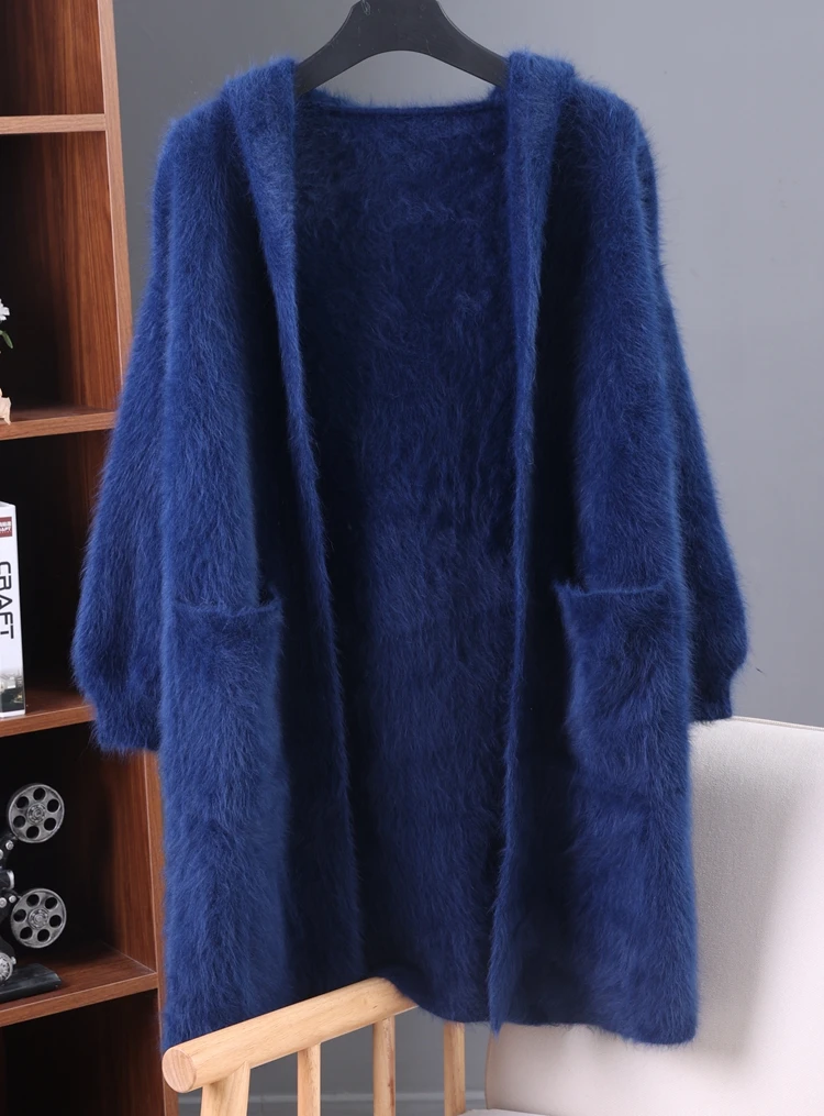 Customizable mink cashmere autumn and winter coat long knit loose coat with hat cardigan thickened sweater S23211