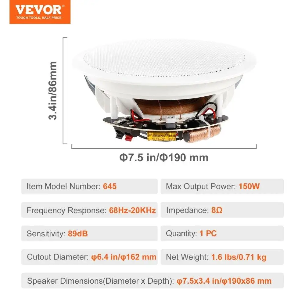 150W 6.5'' Flush Mount Ceiling & In-Wall Speakers, 8Ω, 89dB for home , Kitchen, Living Room & Outdoor Sound