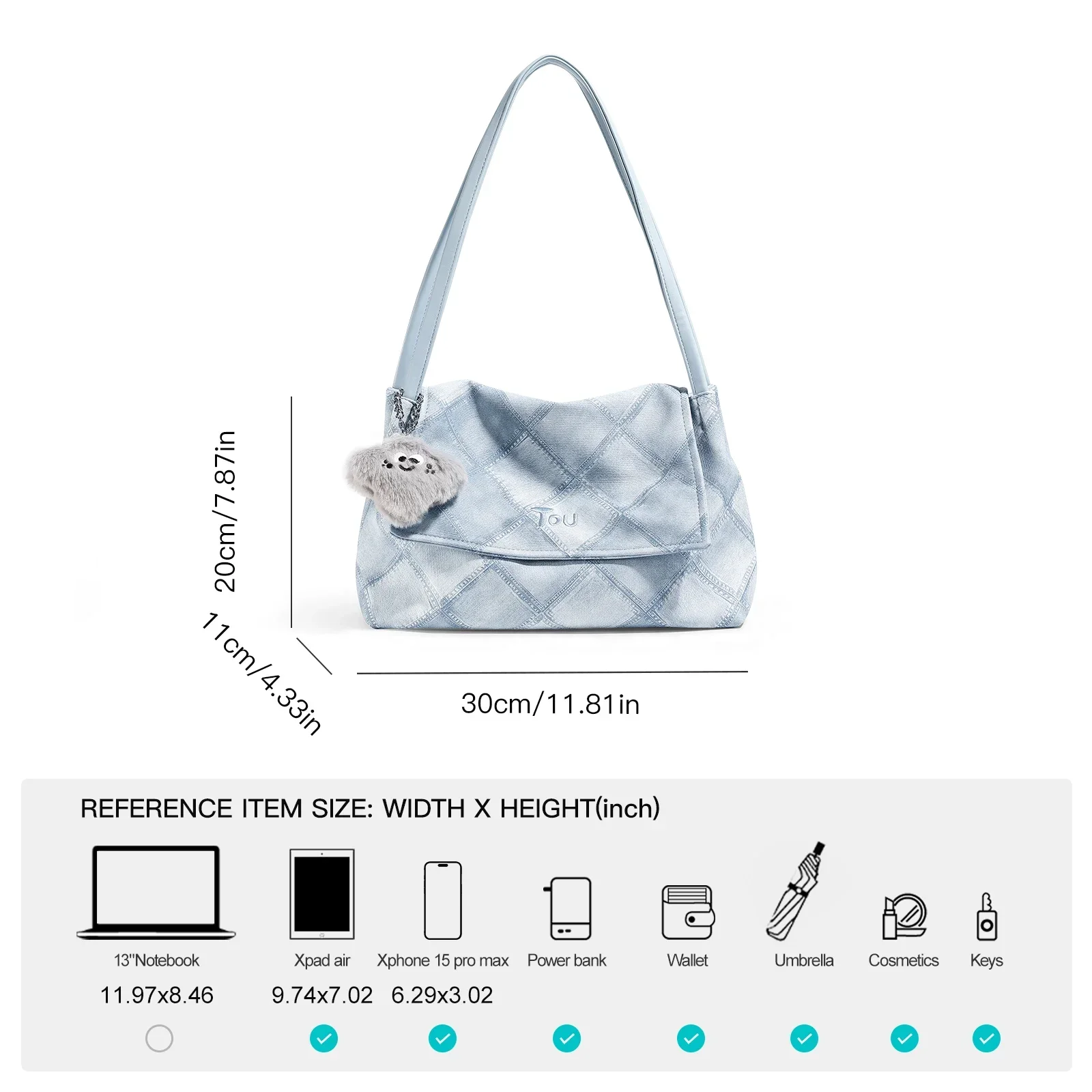 TOUTOU Large Capacity Shoulder Bag Luxury Designer Brand Bag with Cute Charms Denim Washable Tote Bag Fashion PU Leather Female