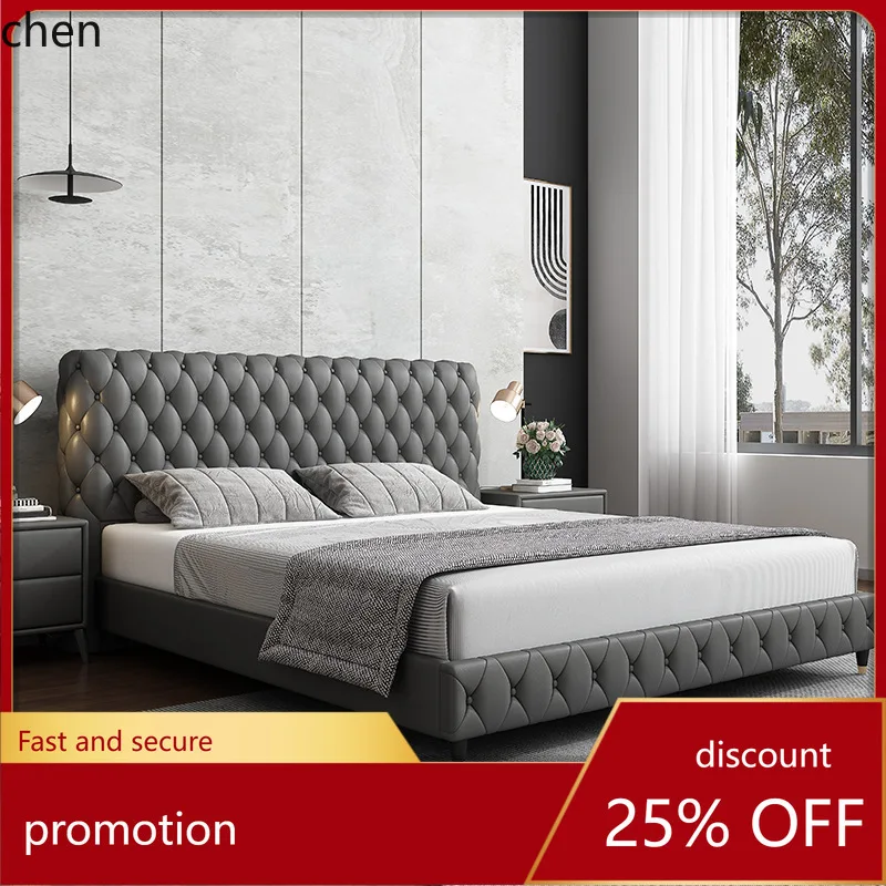

HT Bed Minimalist Modern Simple Master Bedroom 1.8m Double Bed Model Room Pull Button Luxury Bed