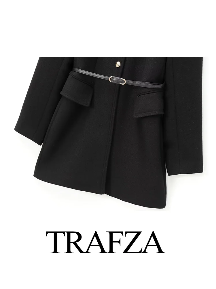 TRAFZA-Pardessus Droit à Simple Boutonnage pour Femme, Vêtement Chic, à Manches sulf, Couleur Unie, avec Poches et Ceinture, à la Mode