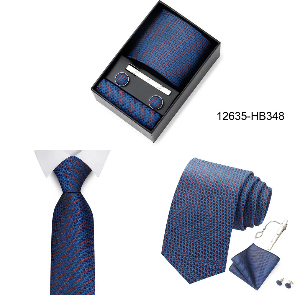 Heißer Verkauf Urlaub Geschenk Box Für Männer 8 cm Krawatte Taschentuch Manschettenknopf Clip Set Blau Druck Hochzeit Geschenk Fit Business – Detail 12