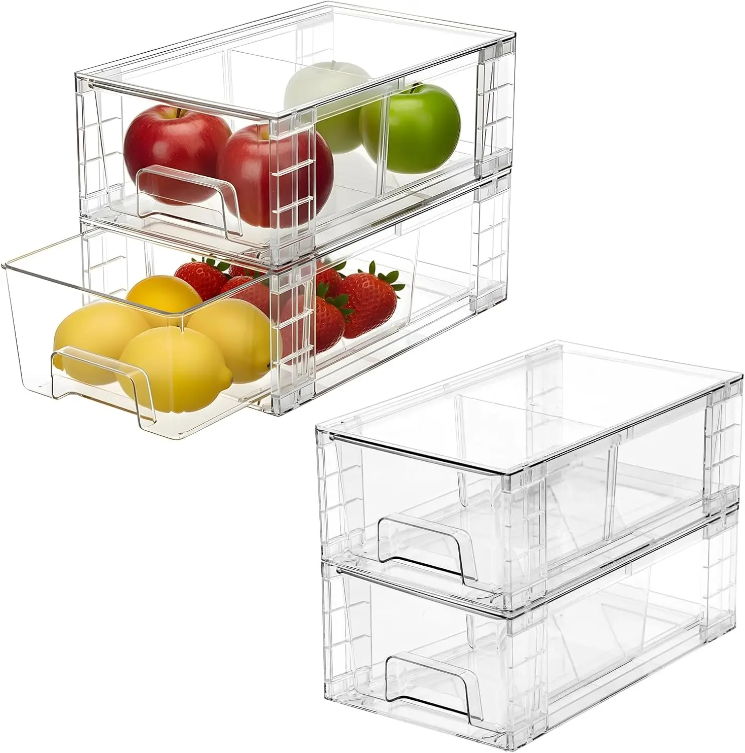 

Набор из 4 штабелируемых пластиковых ящиков с ручками и разделителями для организации кухни, ванной комнаты и холодильника