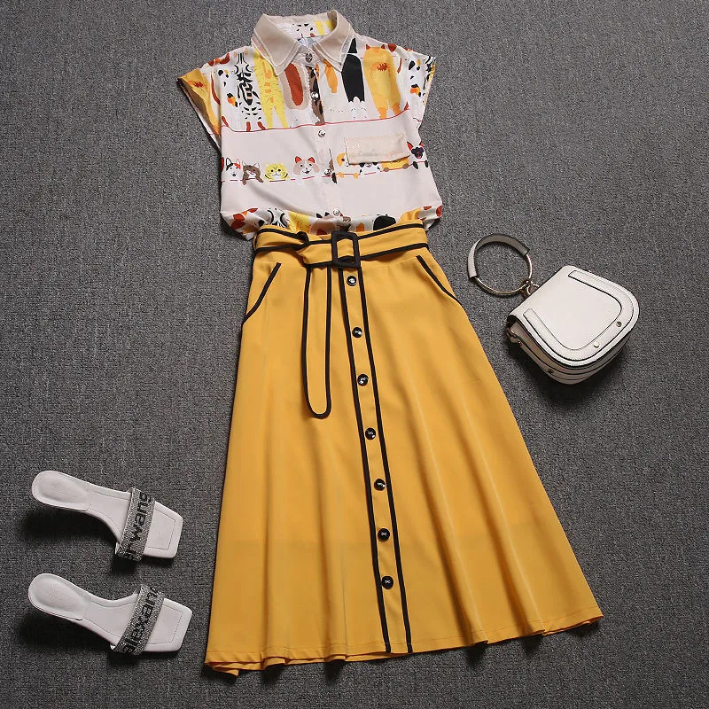 With Belt Summer Skirt Suit Women Short Sleeve Cartoon Print Blouses Tops And Spliced Slim Long Young Lady Skirts Suits Set NS74