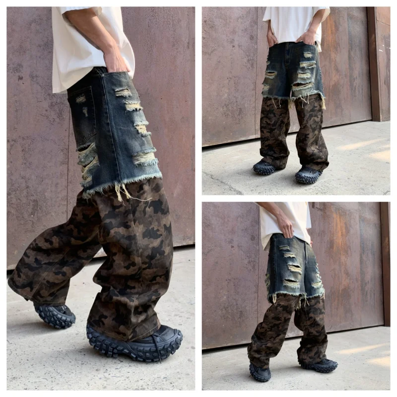 Streetwear high-end tide American camouflage splicing loose straight men's jeans nostalgic blue hole men's long pants