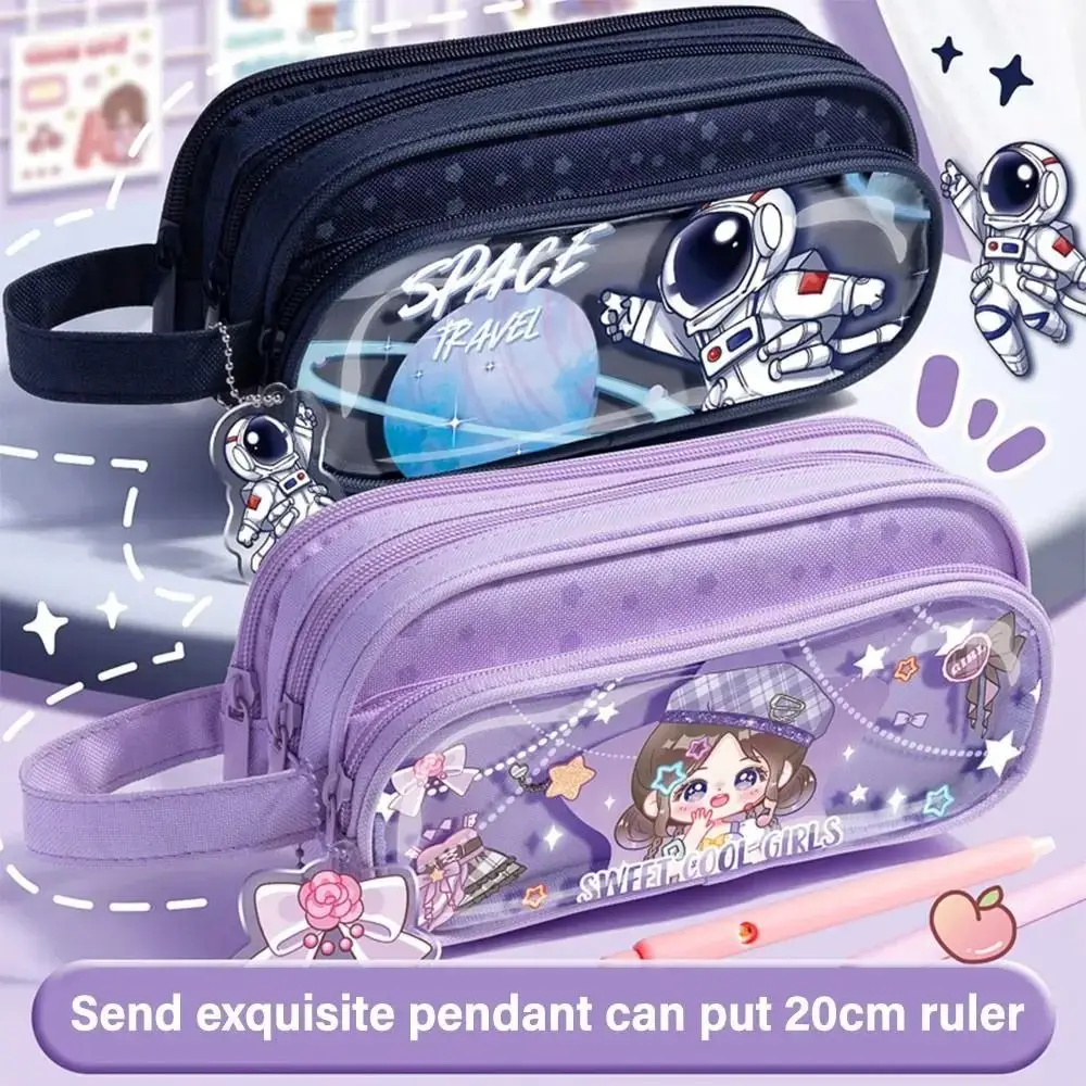 

Three-Layers Cartoon Girls Pencil Bag Astronaut Large Capacity Large Capacity Pencil Pouch Transparent Cartoon Girls