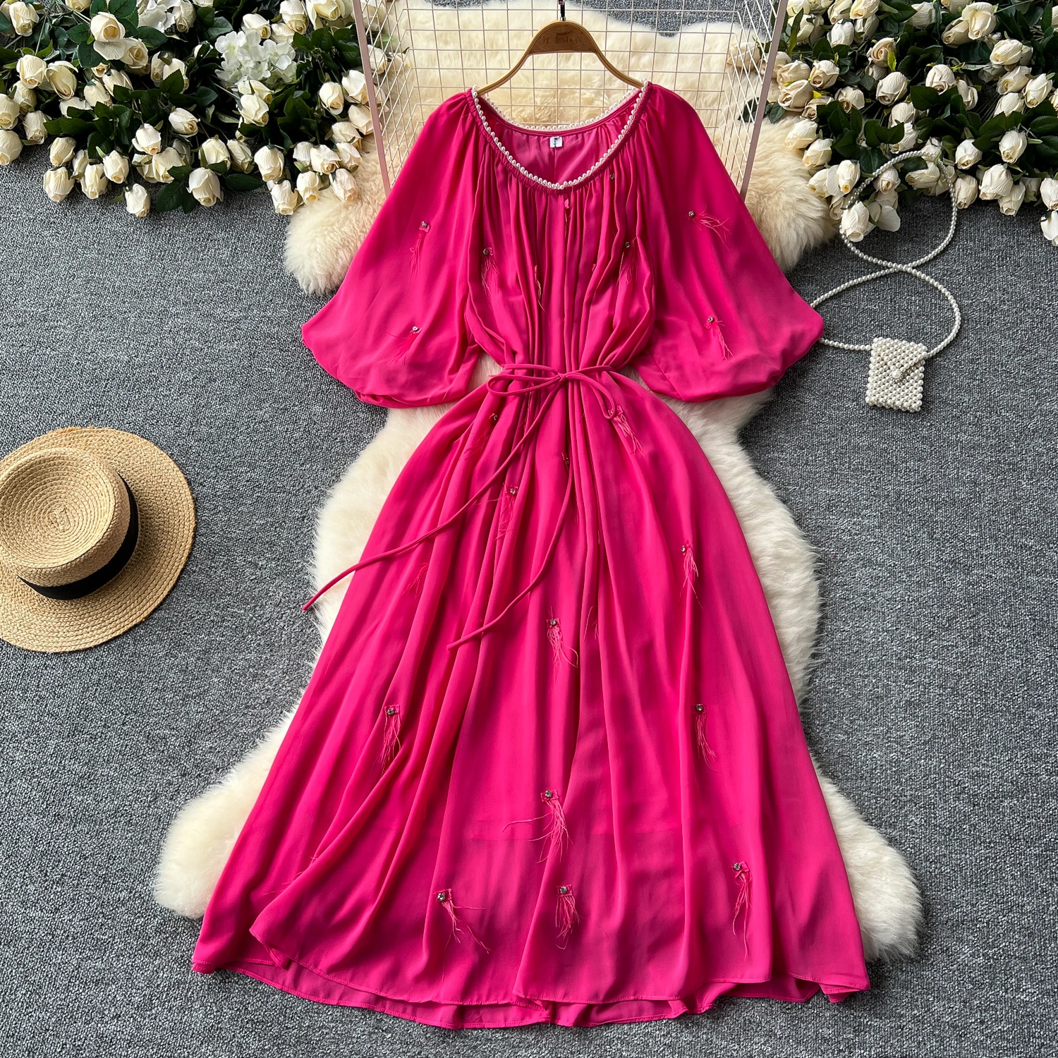 

French Vintage Feathers rhinestone Dress Chic Casual Beach Vacation Women Summer sweet dresses