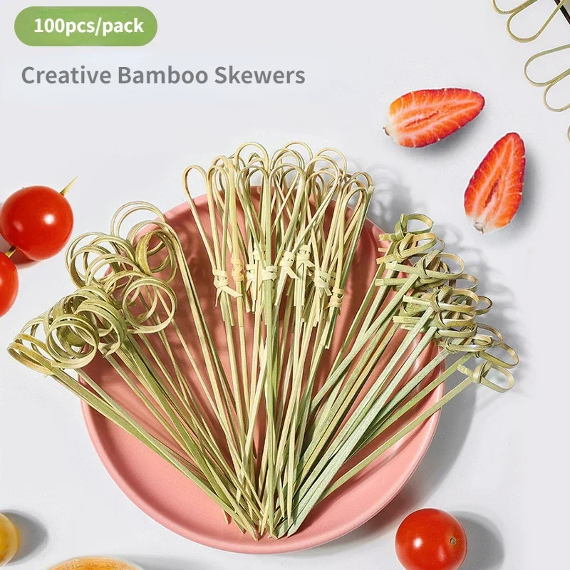 100 pezzi di bambù usa e getta Tie Picks bambù Knot spiedini scelte alimentari con estremità ritorte cibo frutta forchetta bastoncini di bambù Cocktail Picks