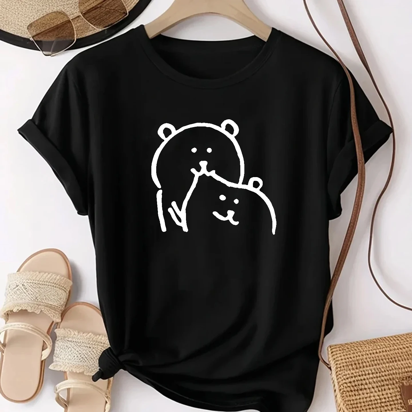 Self-Deprecating Bear Print T Shirt Korean Aesthetic Casual Short Sleeve Cartoon Bear Hug Pattern Unisex Streetwear Tops