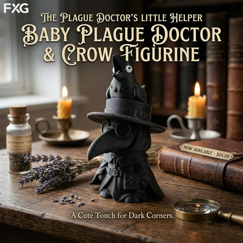 Cute Black Baby Plague Doctor, Figurine With Crow Statue Gothic, Home Decor Desktop Ornament Halloween, Gift For Adults Kids Roo