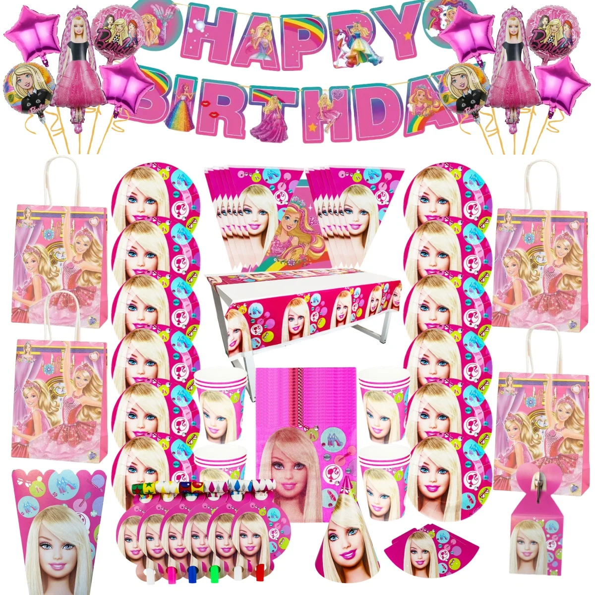 Cartoon Barbiee Girl Birthday Party Palloncino Decorazione Corno Tovaglia Set di stoviglie usa e