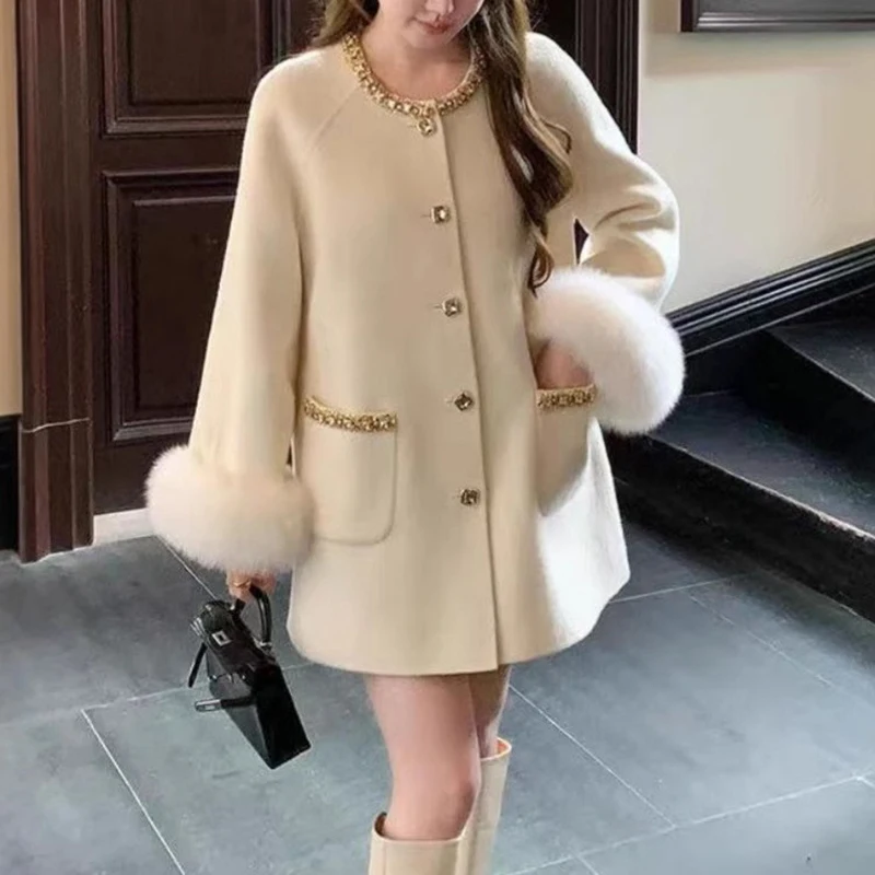 New Handmade Diamond Fur Collar Double-sided Woolen Coat Women Luxurious Women's Small Fragrance Elegant Medium Length Coat