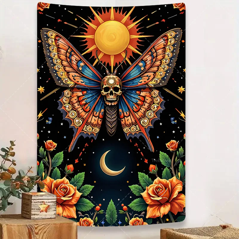 

1pc Wall Tapestry Skull Moth Tapestry with Sun and Moon, Boho Chic Wall Hanging Art