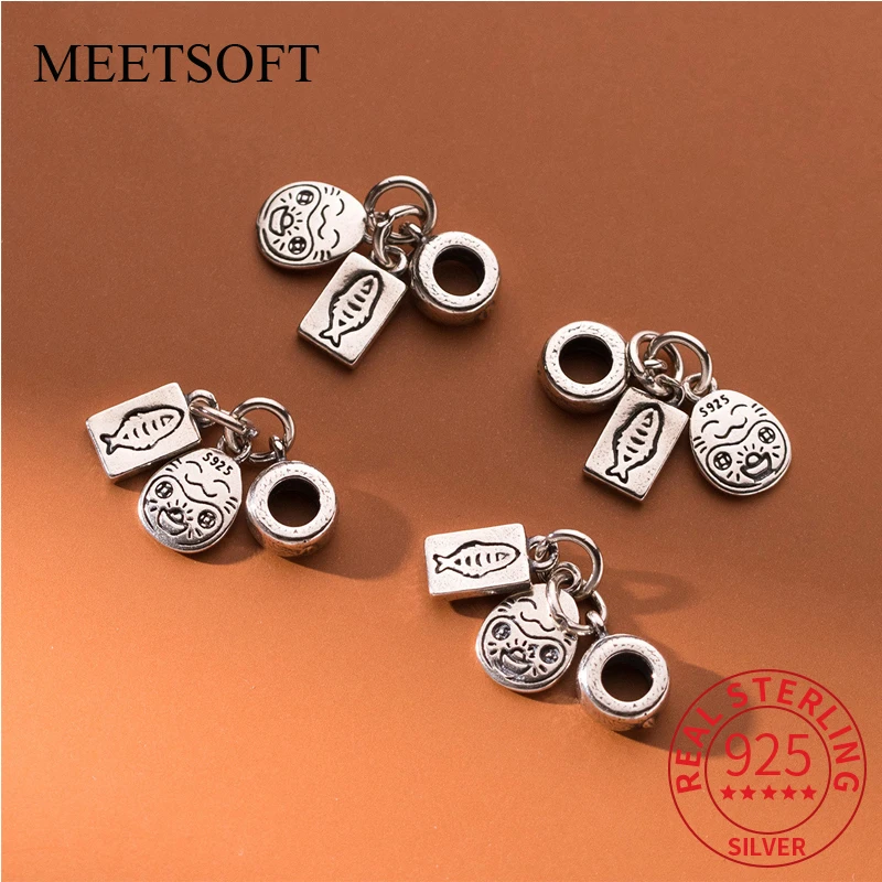 MEETSOFT S925 Sterling Silver Graffiti Fish Pattern Pendant Charms of DIY Handmade Making Supplies Necklace Bracelet Jewelry