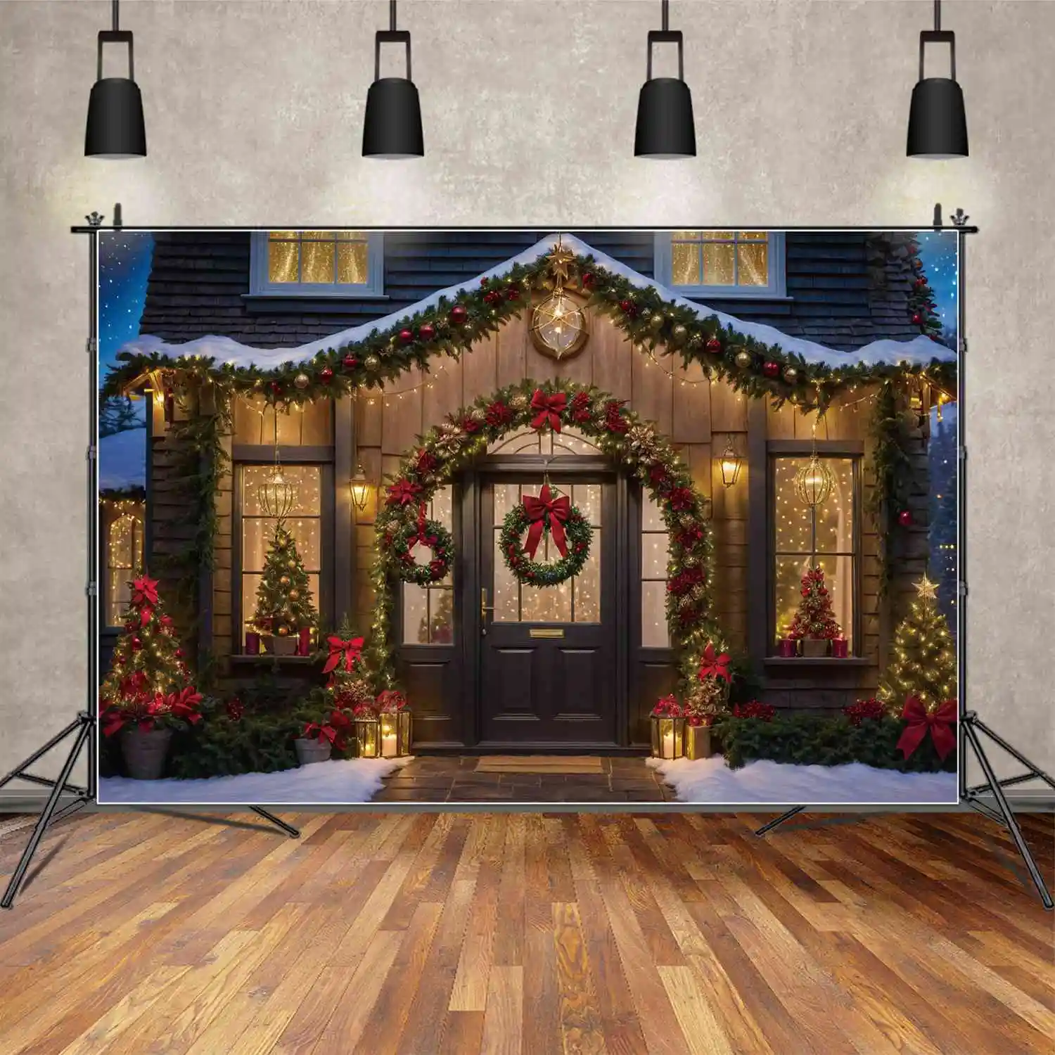 MOON.QG Backdrop Christmas Village Decorations for Home Background Wood Door Wreath Trees Gold Lights Party Props for Photoshoot