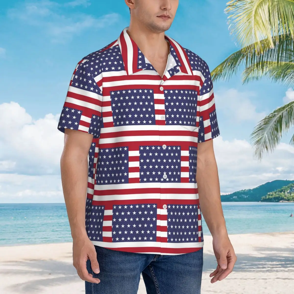 

American Flag Graphic Design Hawaiian Shirts Fashion Men Short Sleeve Shirt for Summer Beach Men's Lapel Tops