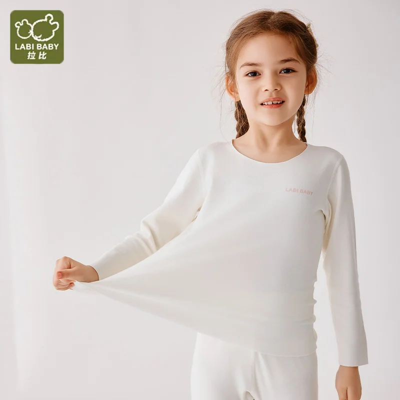 

LABI BABY Elastic Pajamas for Kids Girl Children Long Sleeve Loungewear Set Sleepwear Pants Sleeping Suit Pink Beige Homewear