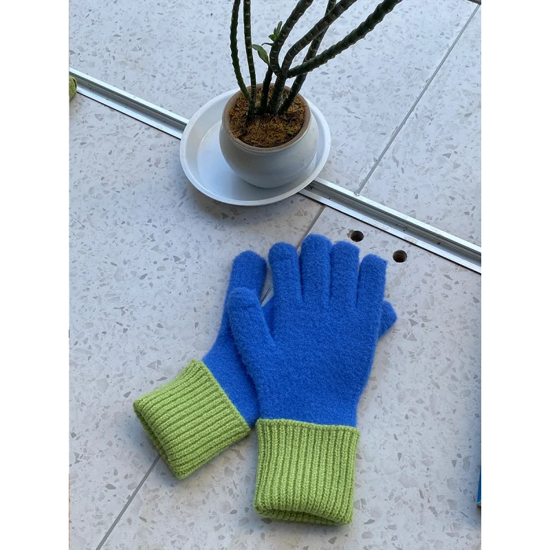 InsInternet-guantes de lana tejidos con contraste de colores para mujer, guantes cálidos de otoño e invierno con pantalla táctil y fugas de dedos