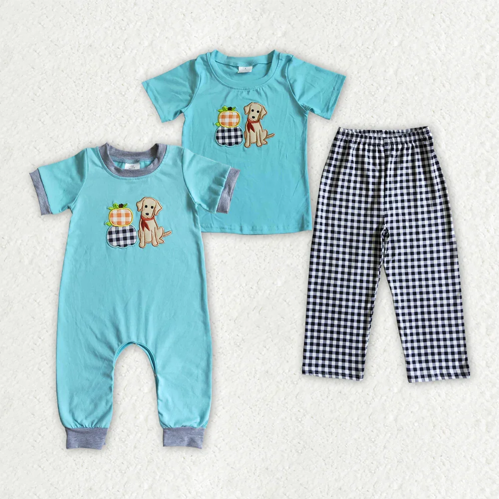 

BSPO0017 Wholesale Summer baby rompers kids clothes boys embroidery pumpkin short sleeve pants sets Boutique baby girl clothes