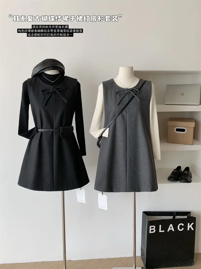 

Korean Fashion Autumn New Women Two Piece Sets Basic Long Sleeve Knitted Sweater + O Neck Sleeveless A Line Vest Dress Outfits