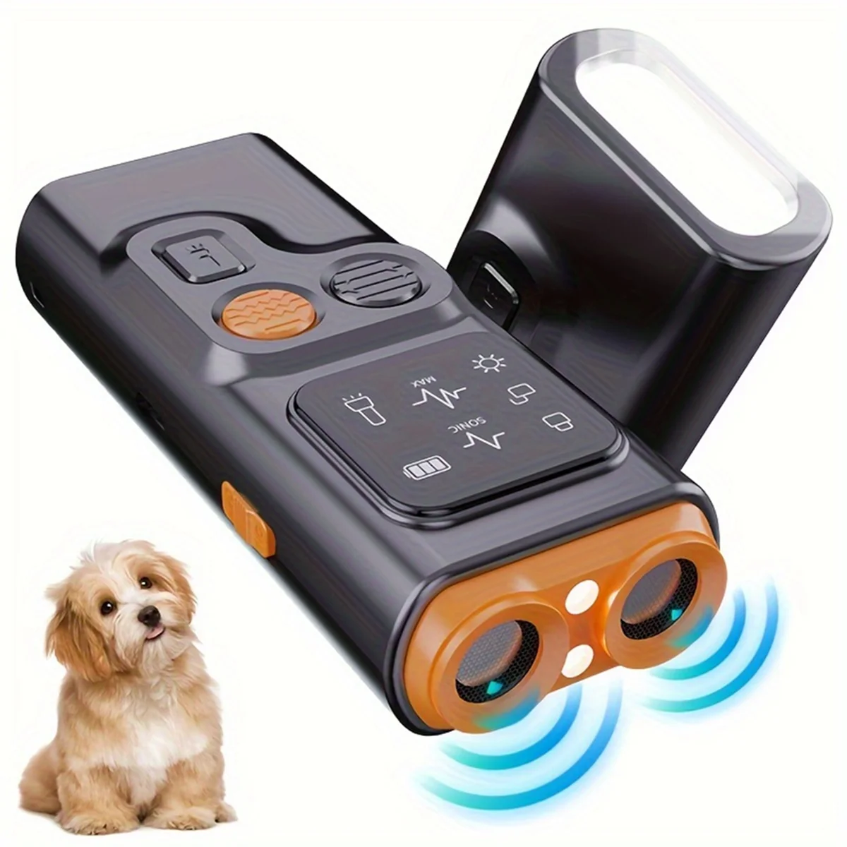 USB Rechargeable Sonic Dog Repeller with Dual Ultrasonic Emitter and High-Frequency LED Flashlight, Anti-Barking Device LZB