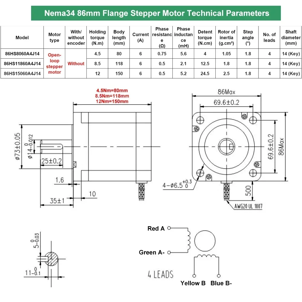 1-5 Achsen Nema34 Schrittmotor Drive Power Kit 4,5/8,5/12NM 86mm 2PH 6A 14mm Wellenmotor für CNC-Fräser einachsiger Roboterarm