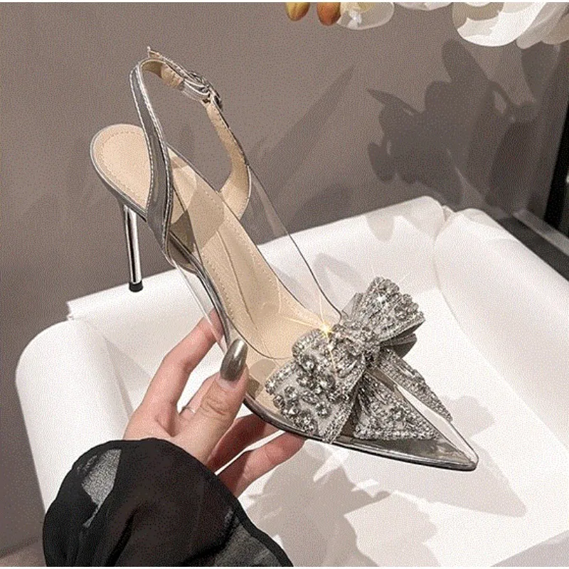 Fashion Sliver Rhinestone Bow PVC Transparent Women Pumps Autumn Stiletto High Heels Sexy Bride Party Wedding Dress Shoes