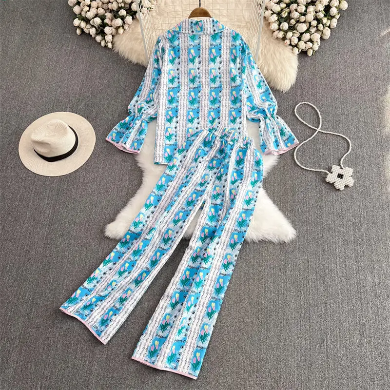 

Fashion Suit Ladies Temperament Suit Collar Flared Sleeve Loose Printed Jacket Two-Piece High Waist Straight Wide Leg Pants T322