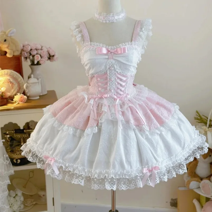 Y2k Japanese Sweet Lolita Jsk Dress Women Elegant Ruffles Lace Bandage Princess Strap Dresses Girls Kawaii Tea Party Mini Dress
