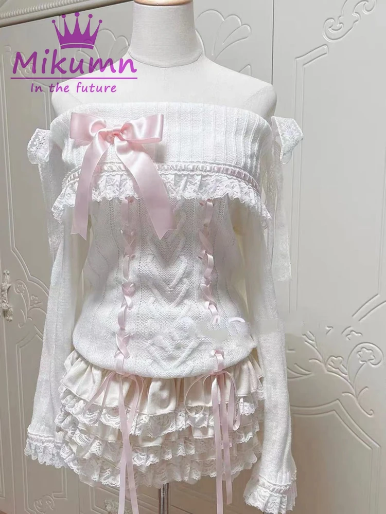 Mikumn Women Y2k Sweet Lace Knitted Sweater Japanese Lolita Style Vintage Kawaii Slash Neck Pink Ribbon Bow Off Shoulder Sweater