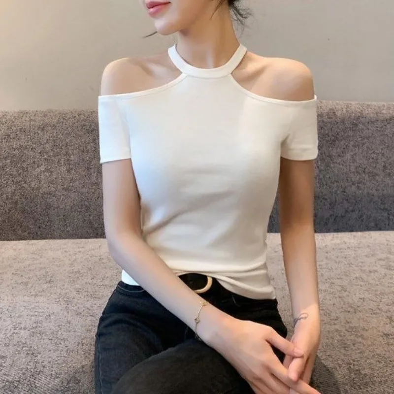 Fashion 2024 Summer New Women\'s Solid Color Simplicity Hollow Out Slash Neck Tops Off Shoulder Slim Short Sleeve Thin T-shirt