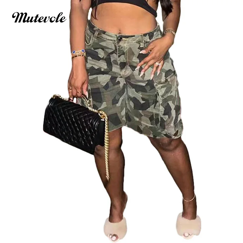 

Mutevole Women Multiple Pockets Camouflage Cargo Shorts Summer Bodycon Bandage Patchwork 3XL Shorts