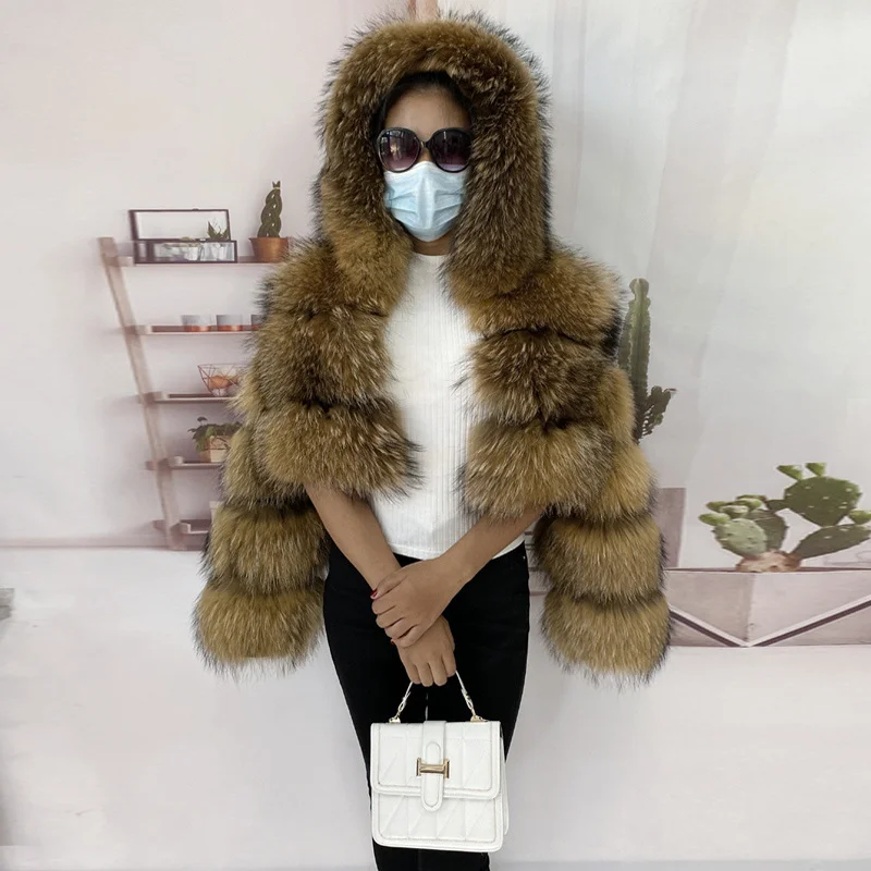 

Factory Supply Real Raccoon Dog Fur Coat Ladies Long Sleeve Hooded Natural Raccoon Fur Jacket