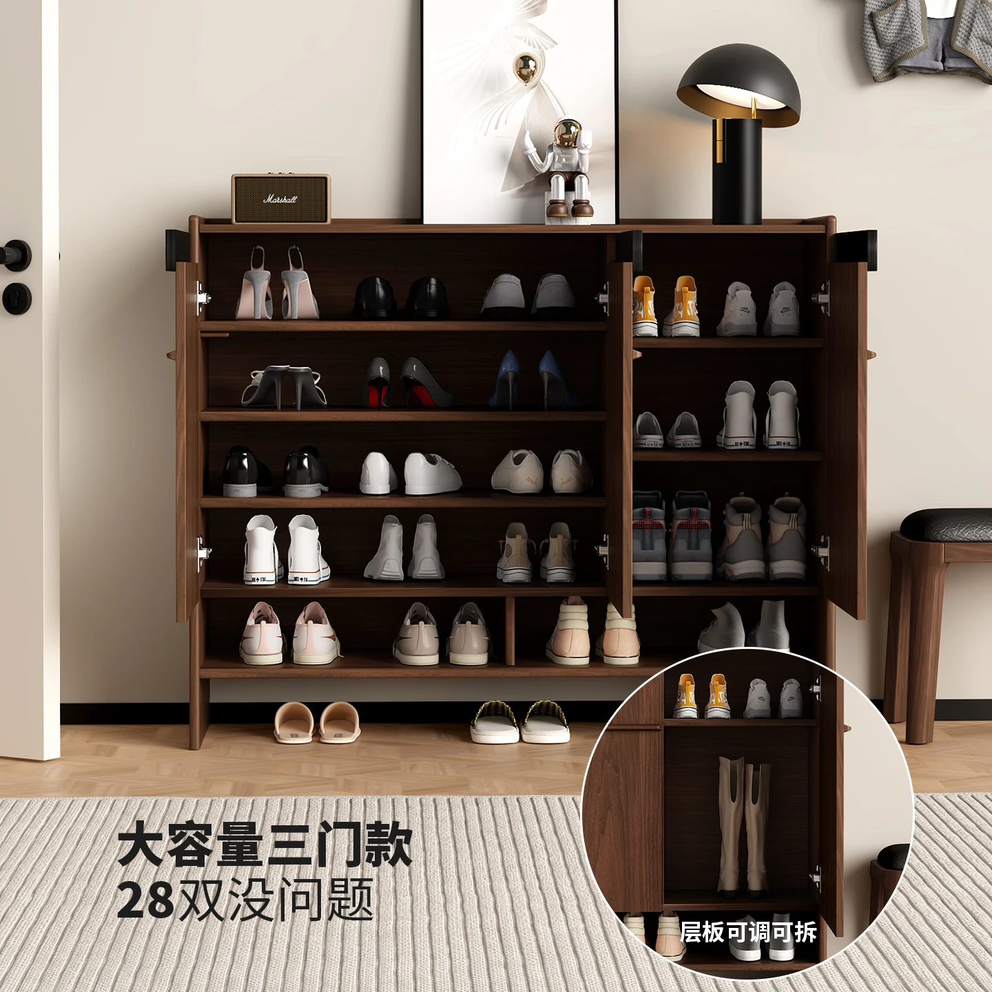 Black walnut door entry shoe cabinet storage cabinet integrated against the wall antique door cabinet household solid wood rack