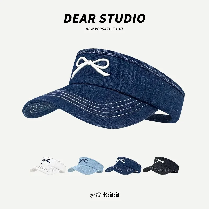 

Korean Version of Fashion Denim Bow Embroidery Empty Top Hat Women's Summer Sunshade Versatile Casual Curved Brim Sun Cap