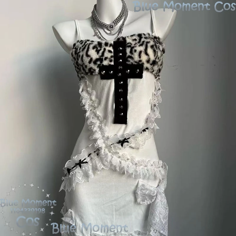 Y2K فتاة حار مثير الدانتيل الرسن حزمة الورك فستان ليوبارد طباعة الصليب فستان جيراي كي الفتيات تأثيري هالوين مهرجان كوميك كون #1
