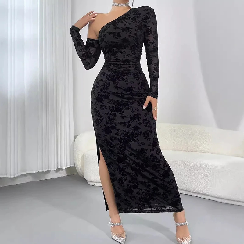 New Fashion 2024 Woman Long Dresses Elegant Luxury Evening Party Midi Dresses Flocking Sexy Split Fork Long Sleeve Dress Ladies