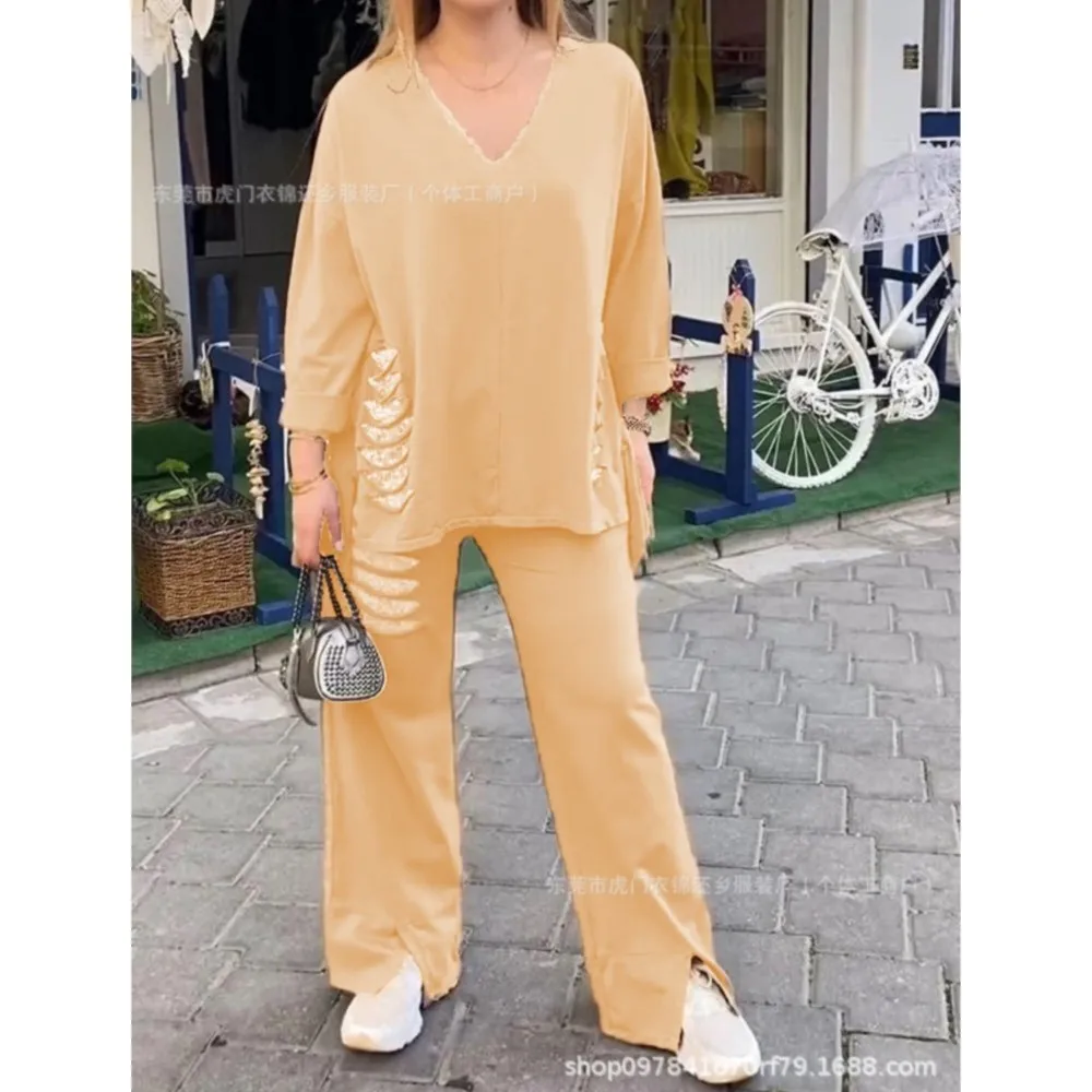 Moda rasgado lantejoulas solto com decote em v t camisa calças 2 peça conjunto para o outono feminino nova fenda casual calças esportivas terno feminino