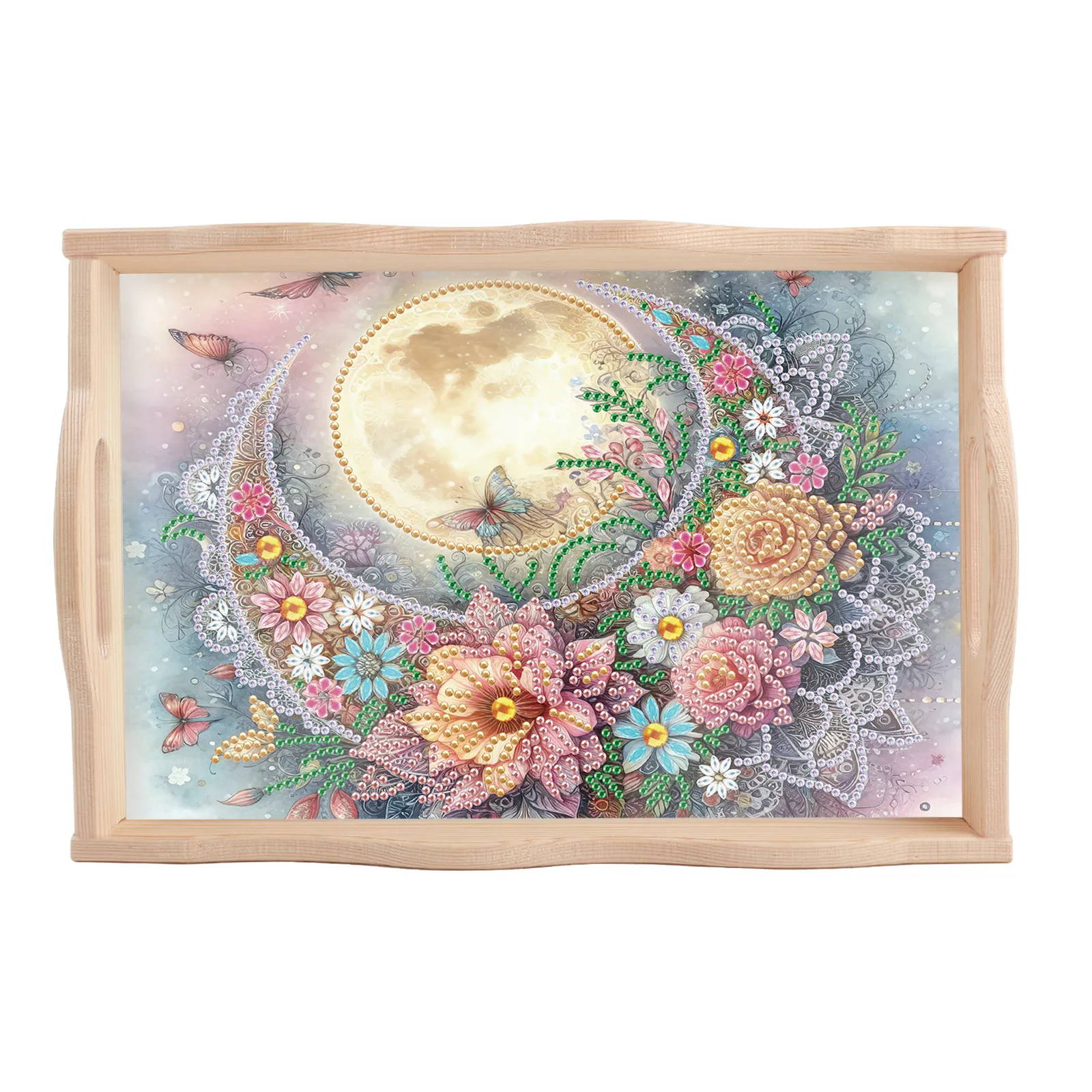 

Moonlit Floral Themed Rhinestone-studded Wooden Tray DIY Cartoon Fruit Plate Decor Souvenir Gift New Arrival